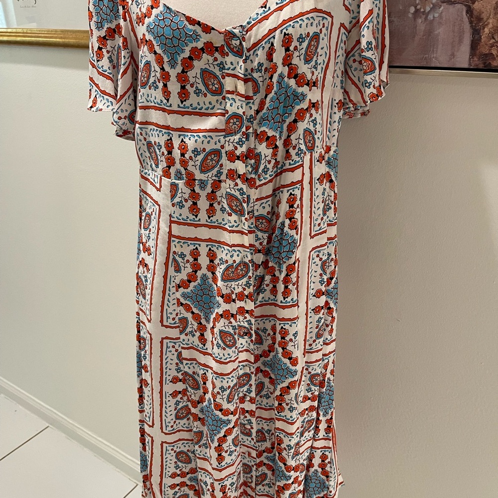 Anthropologie White Midi  Dress with Red & Blue Floral Tile Print
